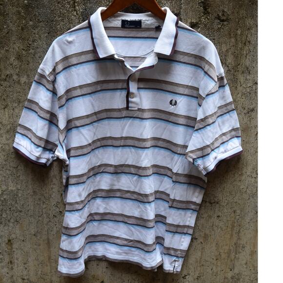 Fred Perry Striped Polo Shirt White Brown Blue XXL Cotton - Picture 1 of 3